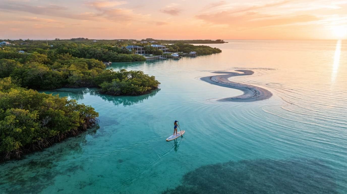 Aerial view of a lone paddleboarder over calm turquoise water near a mangrove coast at golden hour