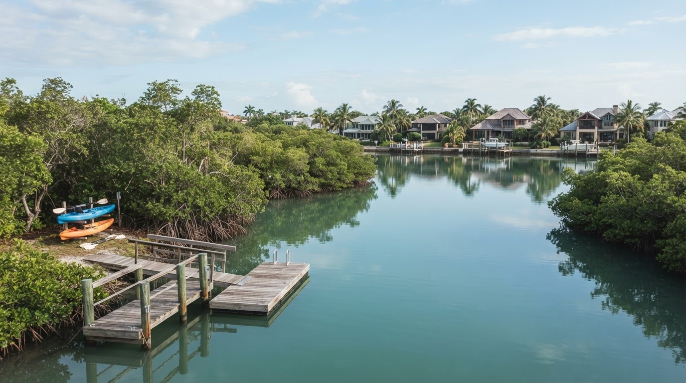 Calm sheltered Florida coastal lagoon with mangrove shorelines and a quiet kayak launch dock under bright morning light
