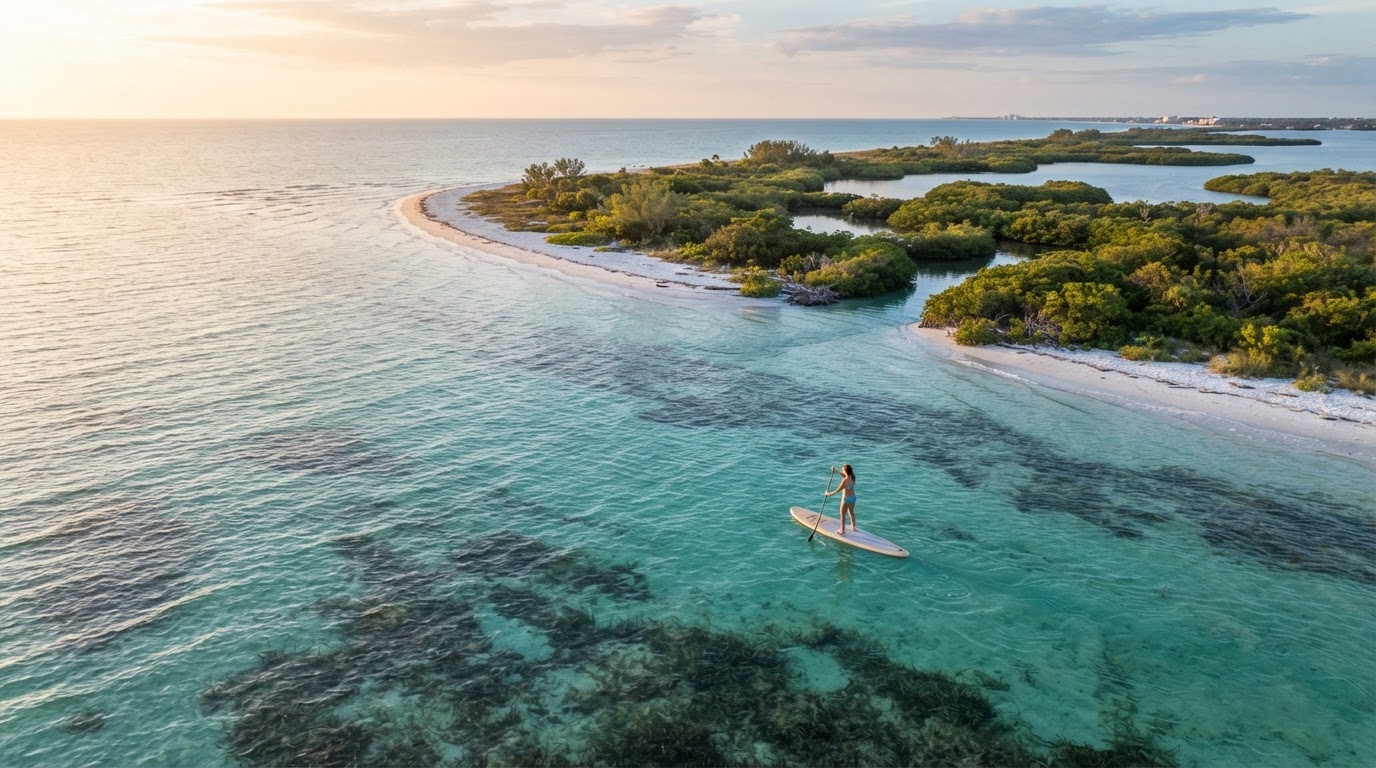 Aerial view of a paddleboarder gliding over crystal-clear shallow flats toward a barrier island with mangroves and white sand at golden hour