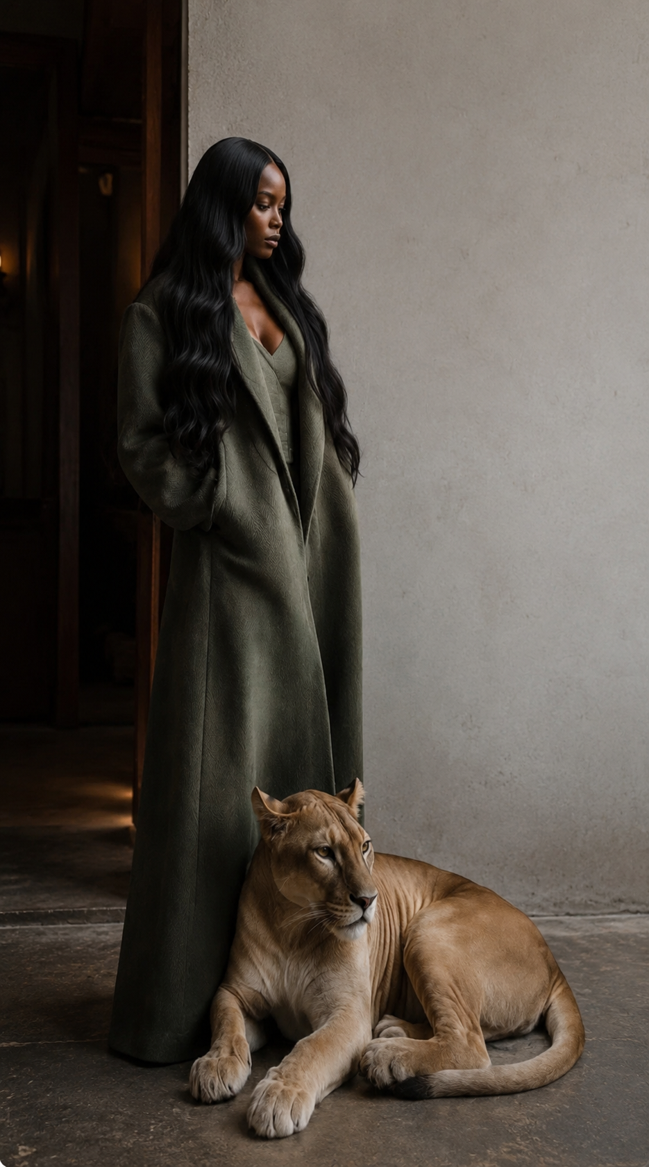 A visionary woman in a deep olive coat standing with a lioness