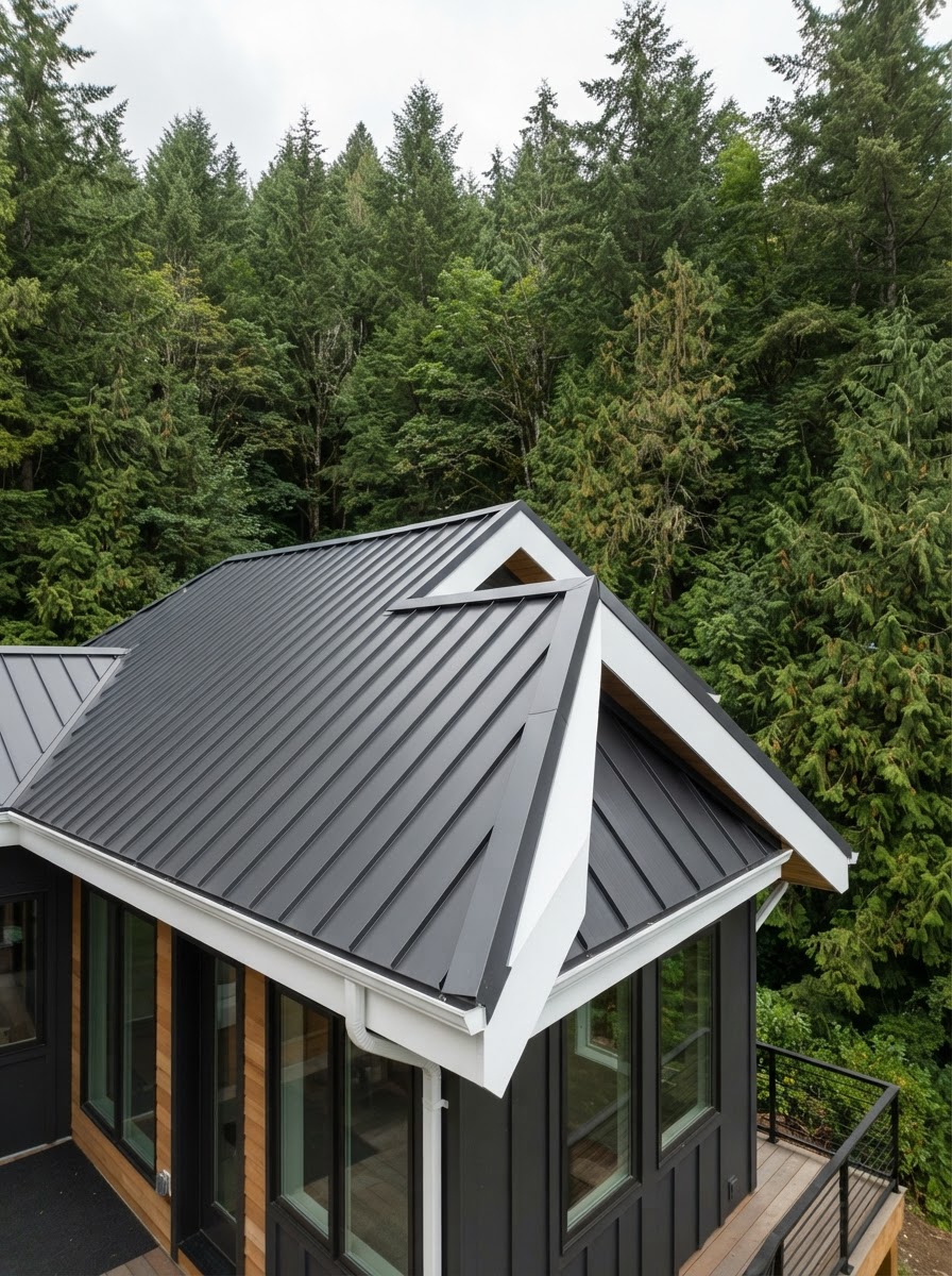 New standing-seam metal roof with crisp seams and flashing