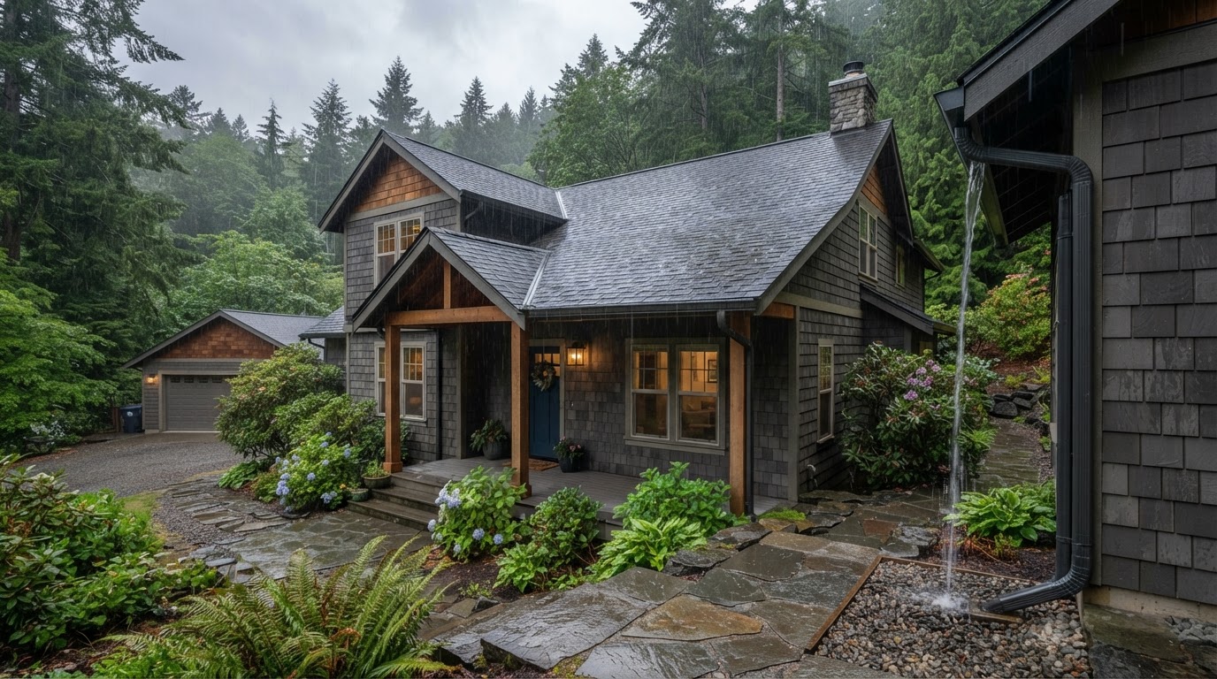 A Pacific Northwest home in steady rain with water flowing through seamless gutters