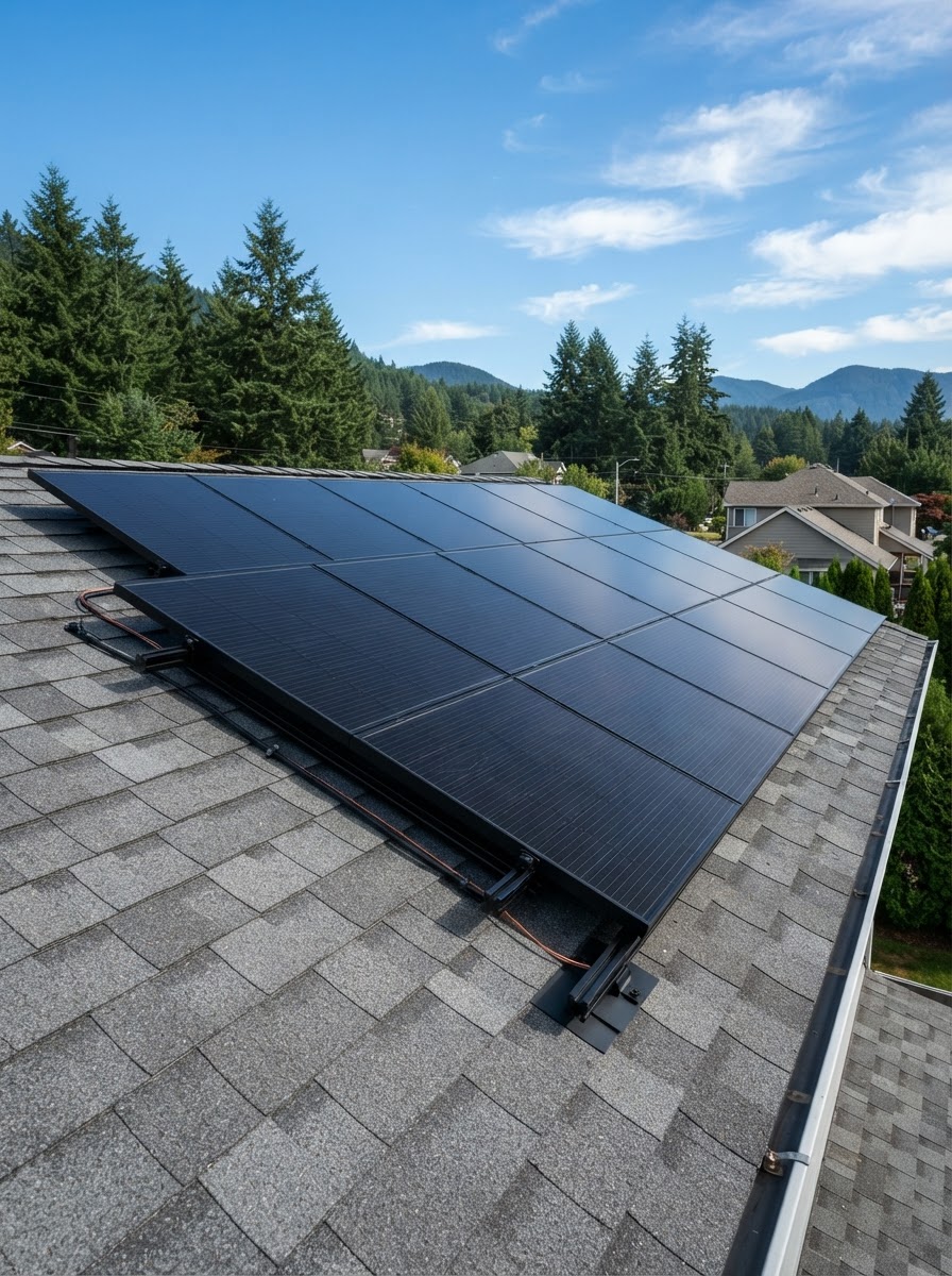 Black-framed solar panels installed on a residential roof