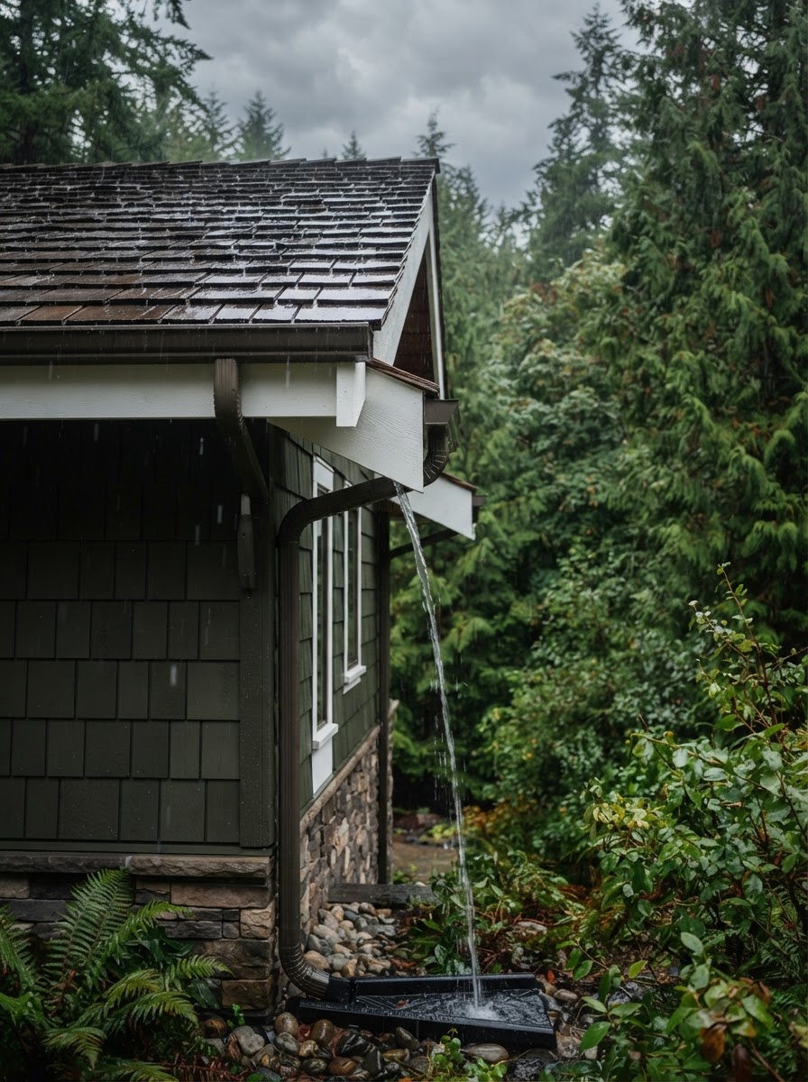 Seamless aluminum gutters carrying rainwater away from a roof