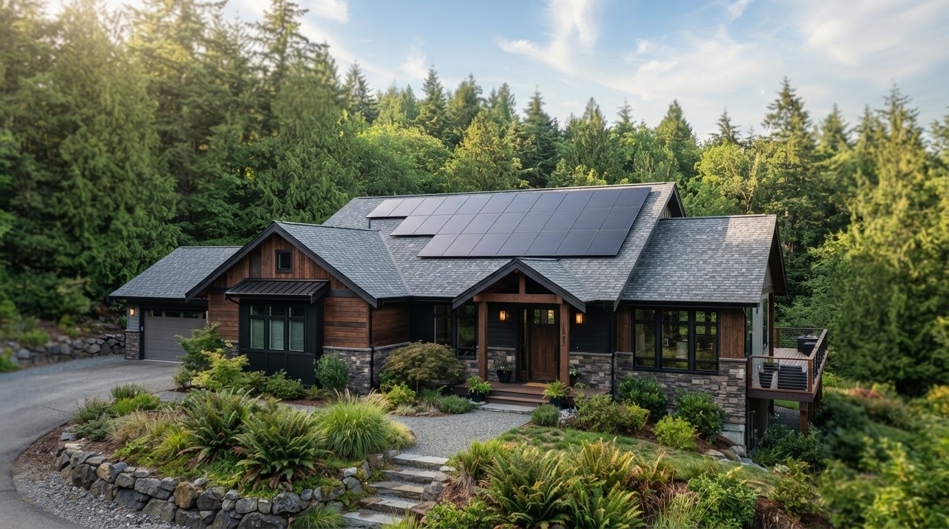 Modern home with solar panels on a gray shingle roof