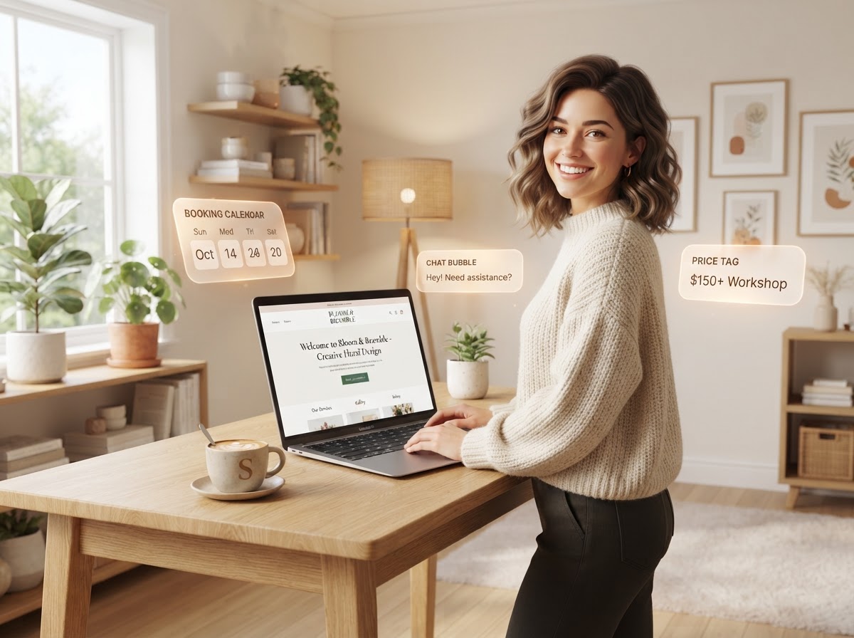 A small business owner next to a clean, professional website built by Connection Worx