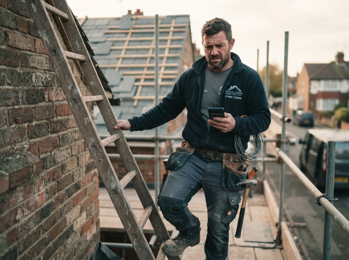 A tradesperson up a ladder with a phone ringing, missing a call while on a job