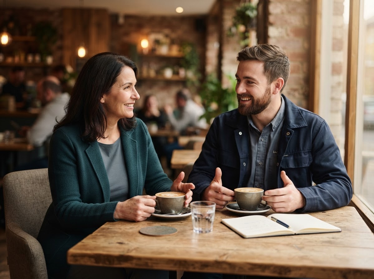 A friendly mentor and a tradesperson having a relaxed, supportive conversation over coffee