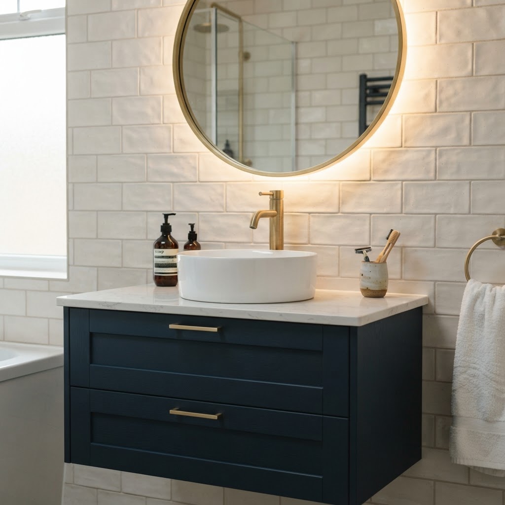 A fitted bathroom vanity detail