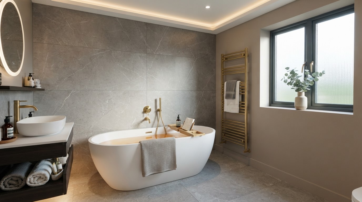 A finished bathroom renovation with a freestanding bath shown in a tradesperson's website gallery