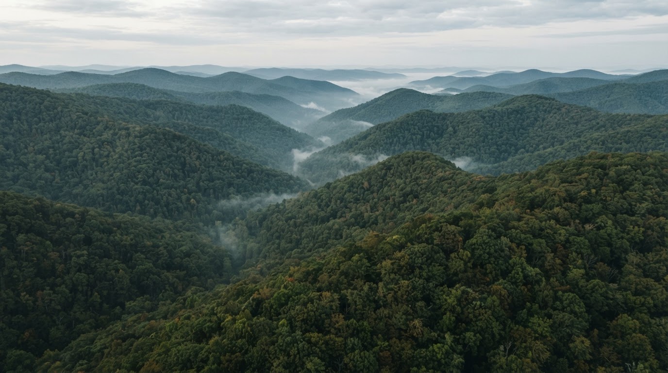 Aerial view of West Virginia forested Appalachian mountains and ridges in morning fog