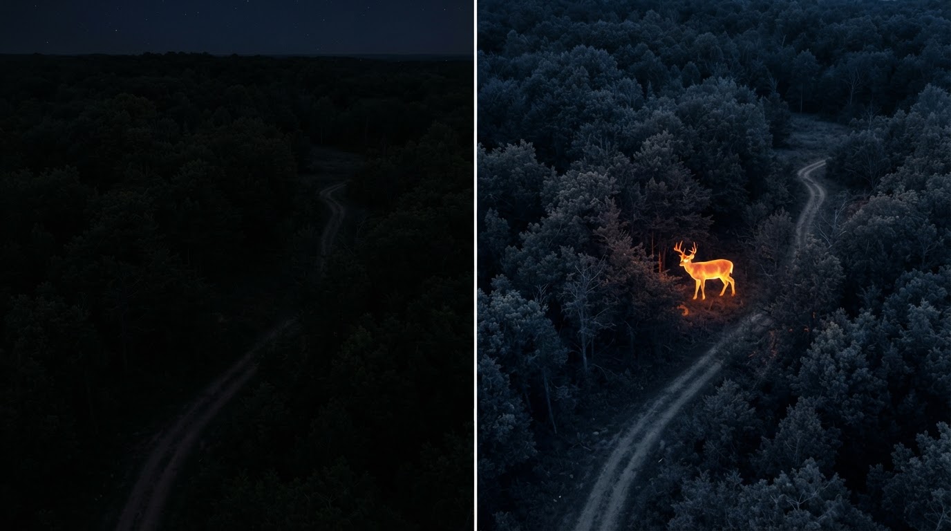 Comparison of normal aerial view and thermal imagery over a forest