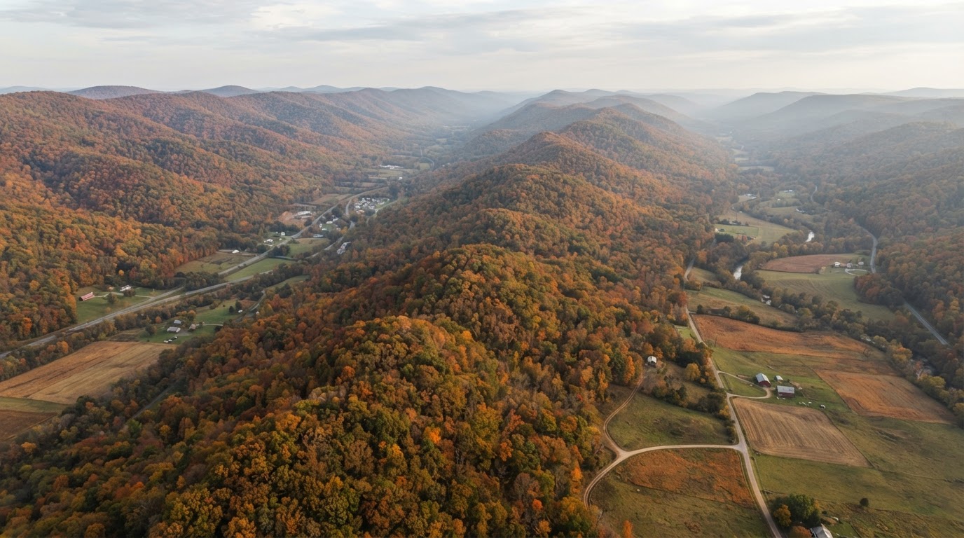 Aerial view of Western Maryland wooded ridgelines and valleys in autumn