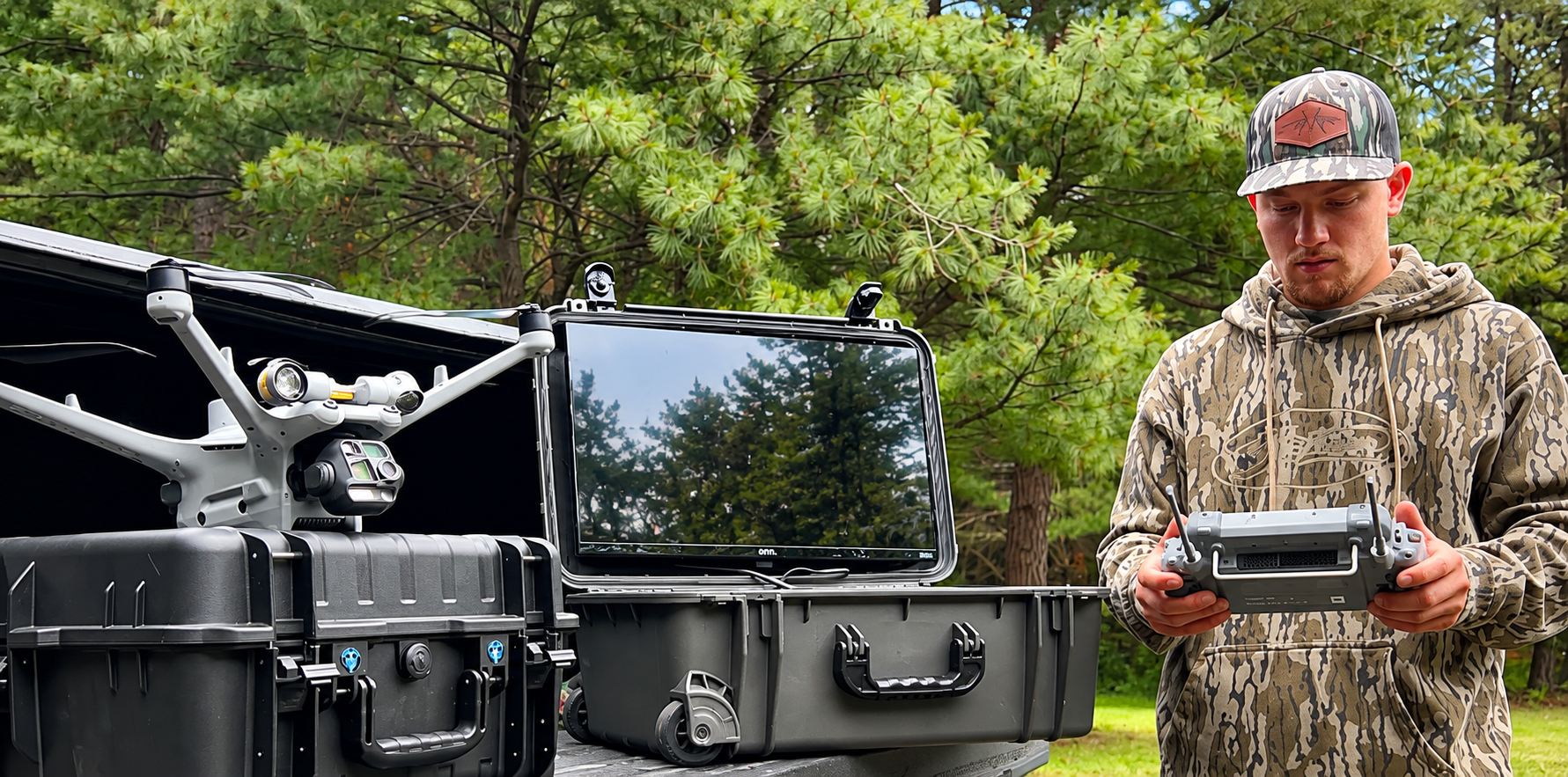 Derek operating thermal drone equipment with field monitor and remote controller
