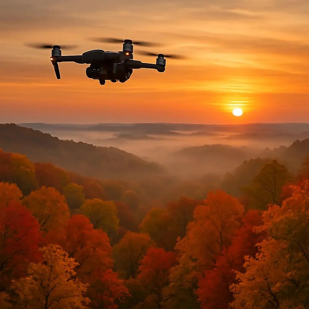 Thermal recovery drone flying over a foggy autumn valley at sunrise