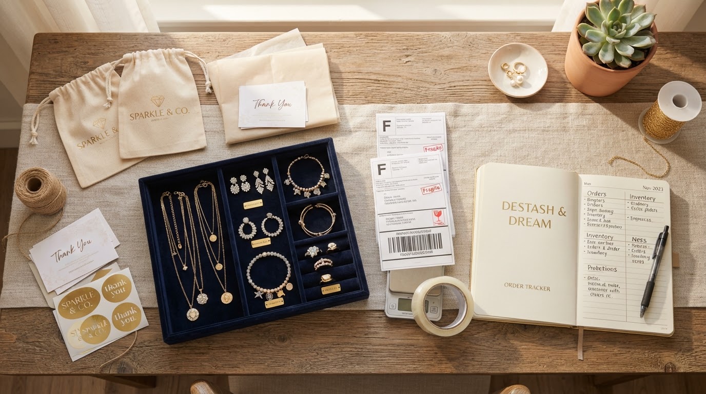 Jewelry destash, organization trays, and packaging supplies flatlay