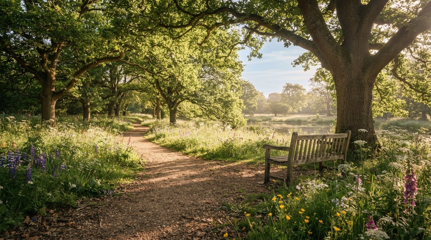 A quiet sunlit community park with a gravel walking path and wooden bench beneath oak trees in soft morning light