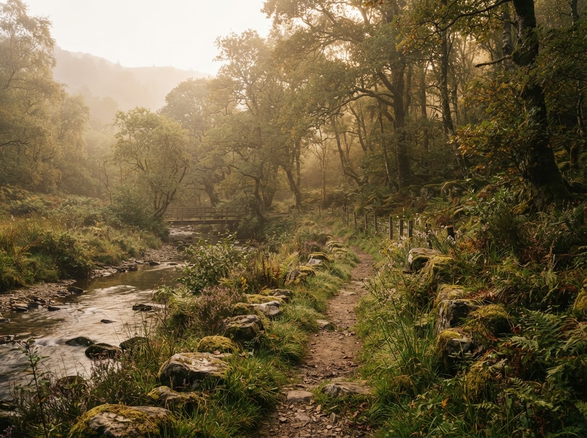 A peaceful meadow trail lined with mossy stones and leafy trees in gentle morning light