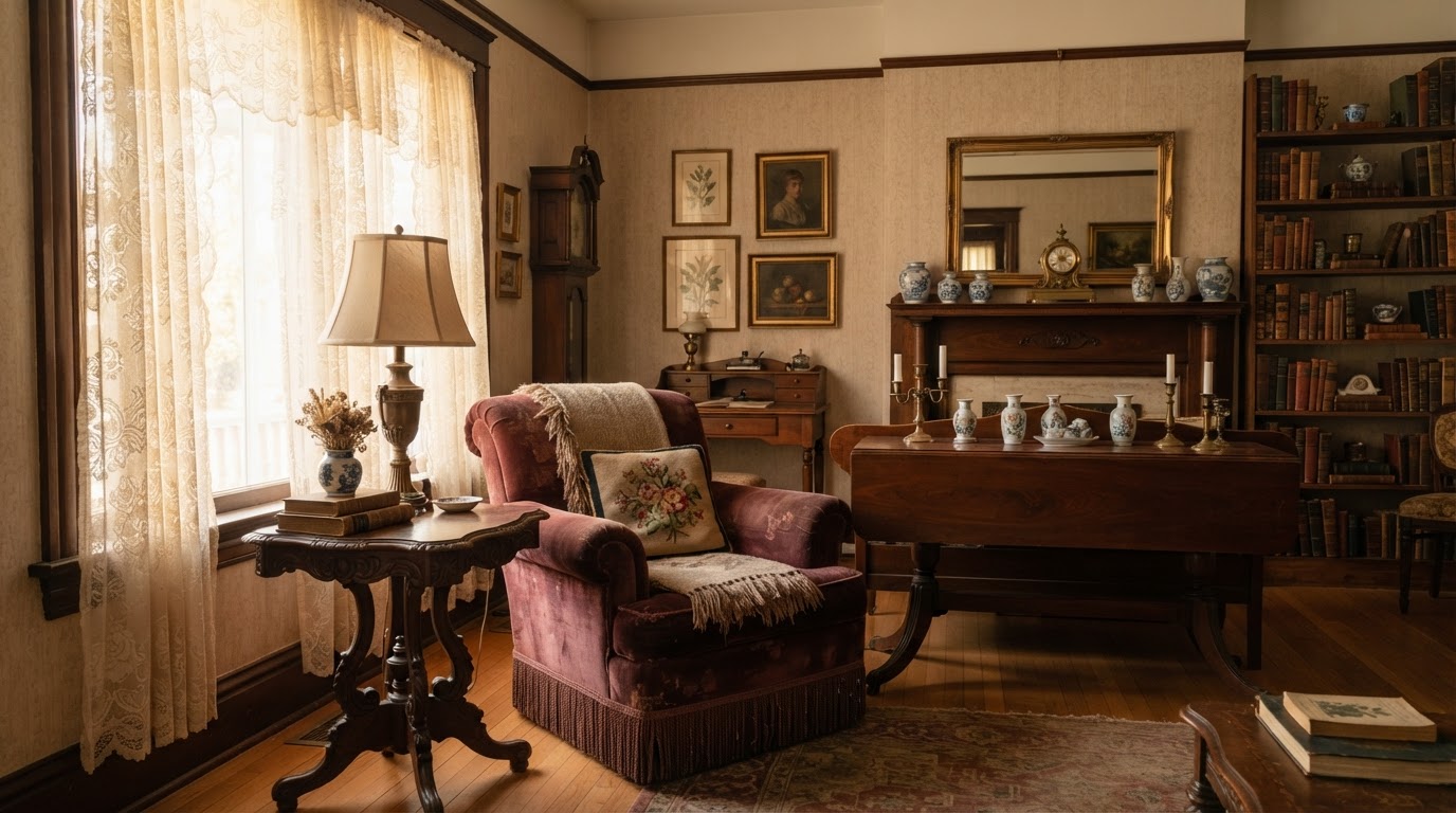 A warm, softly-lit vintage living room staged for an estate sale