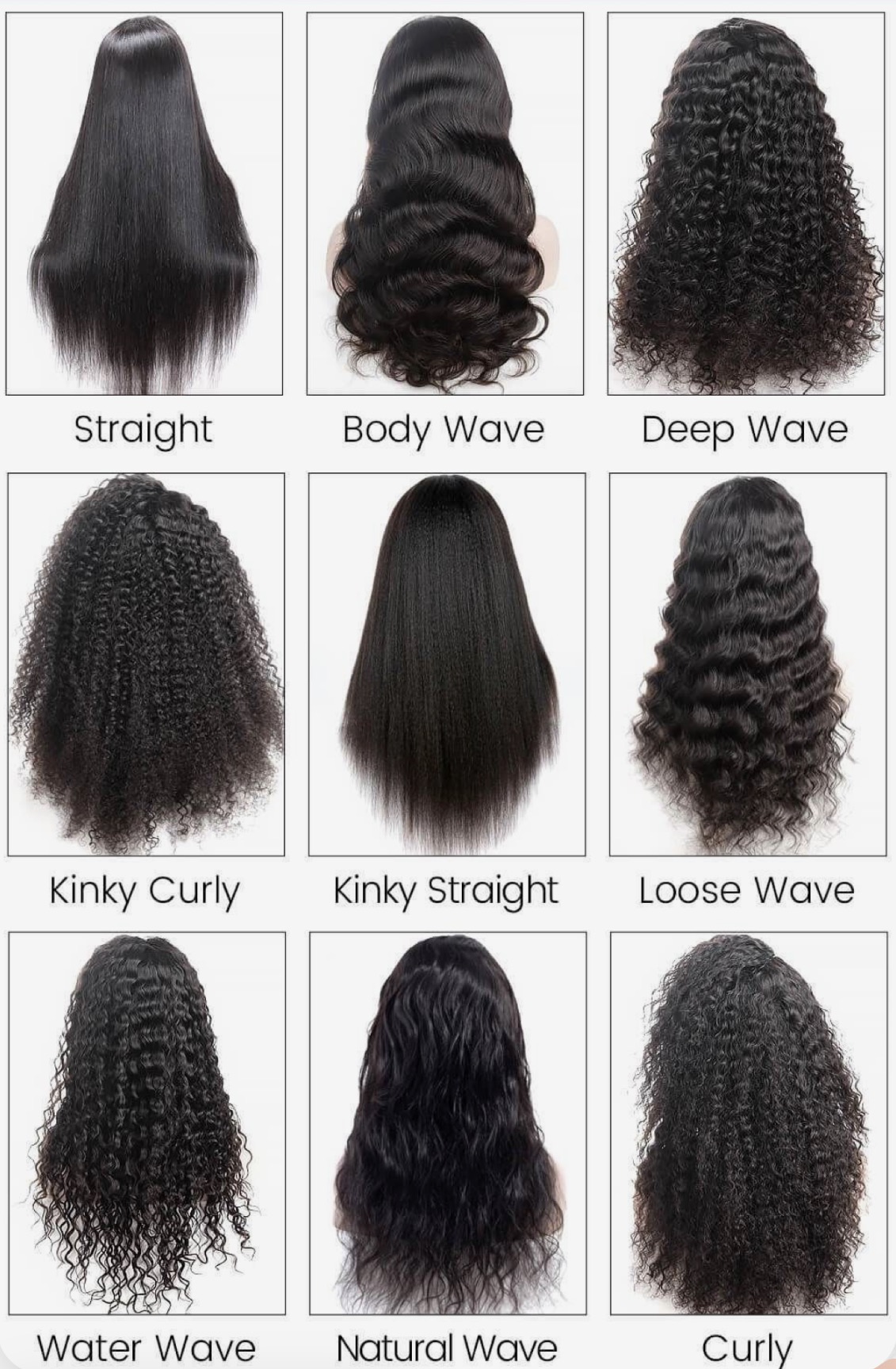 Medical Wig Hair Textures Chart: Straight, Body Wave, Deep Wave, Kinky Curly, Kinky Straight, Loose Wave, Water Wave, Natural Wave, Curly