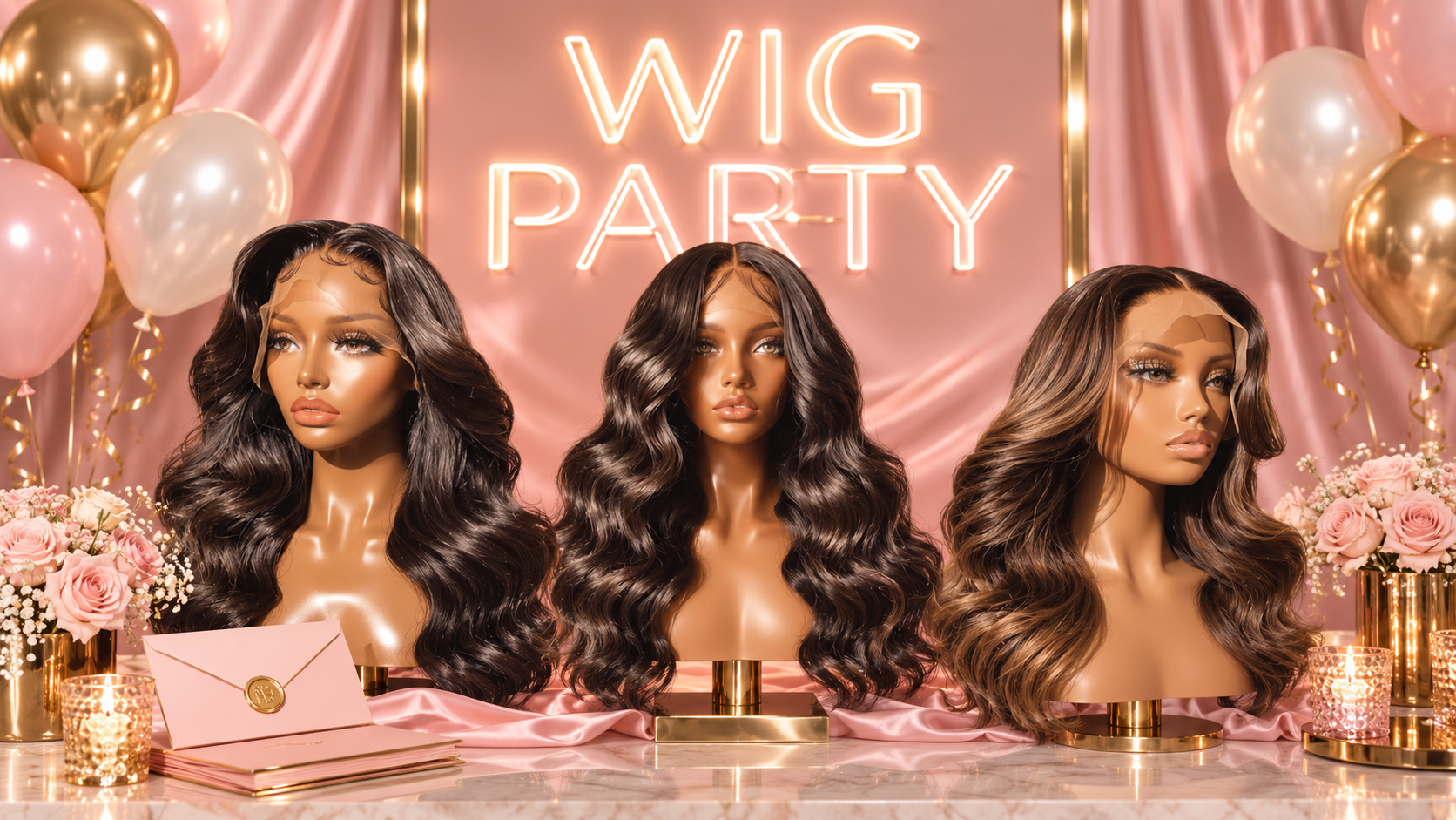 Neon Wig Party display with styled mannequin units on marble counter