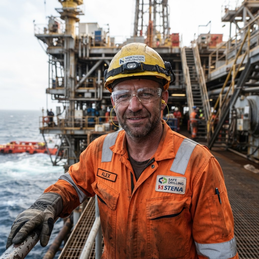Oilfield worker in full PPE on an offshore platform — personnel safety
