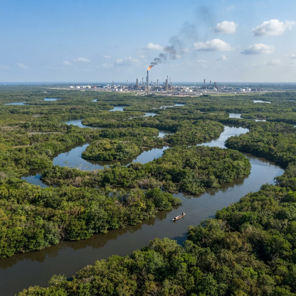 Lush Niger Delta mangrove wetland with a distant refinery — environmental responsibility