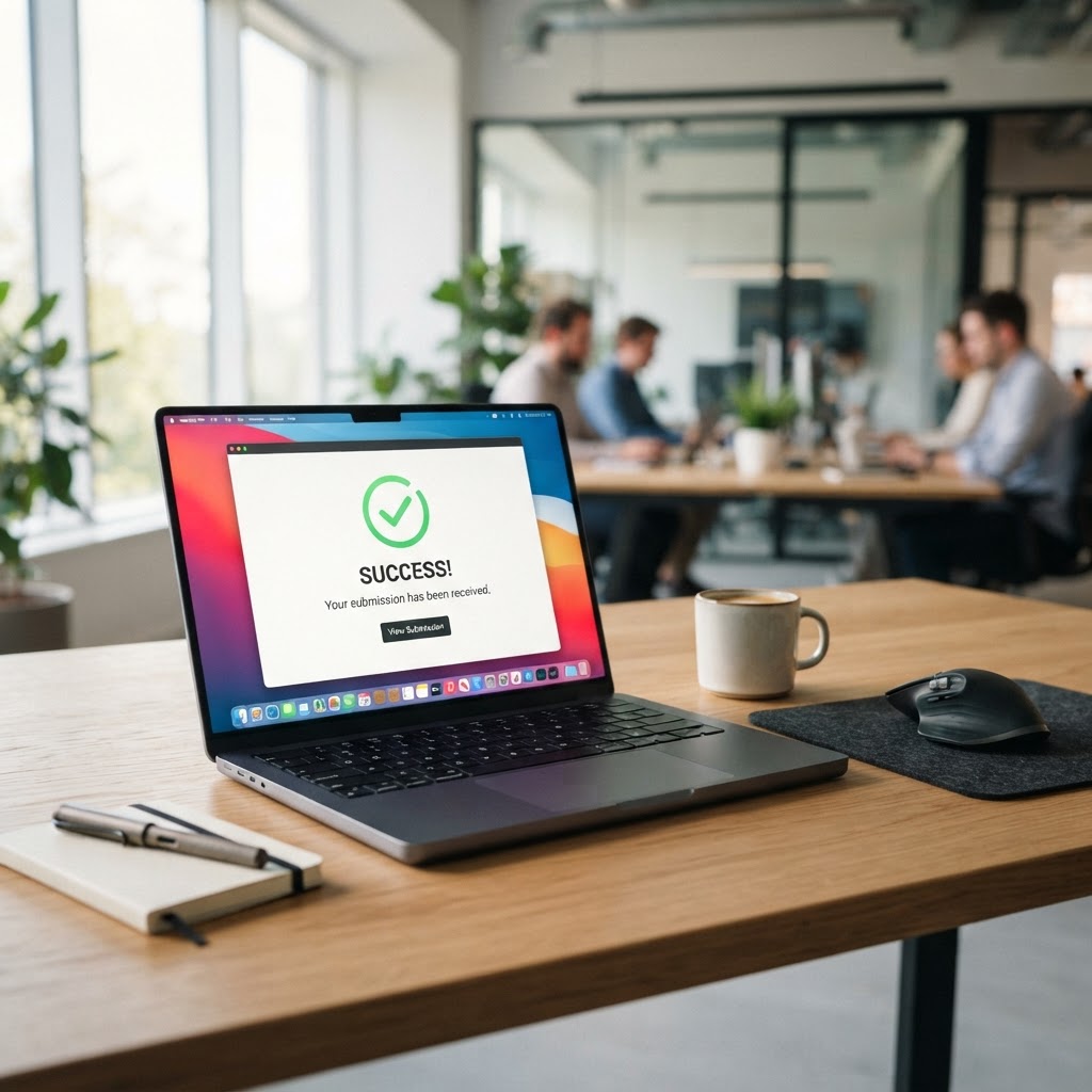 Laptop showing a green checkmark — instant enquiry confirmation