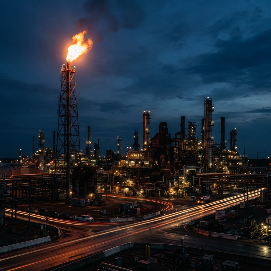 Refinery flare stack burning at dusk — energy trading and petroleum products