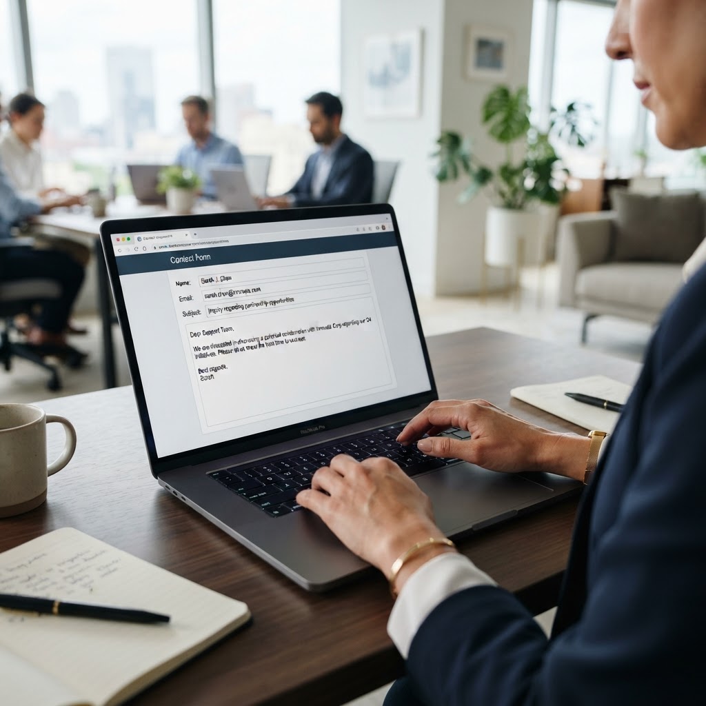 Hands typing a contact enquiry form — send an enquiry