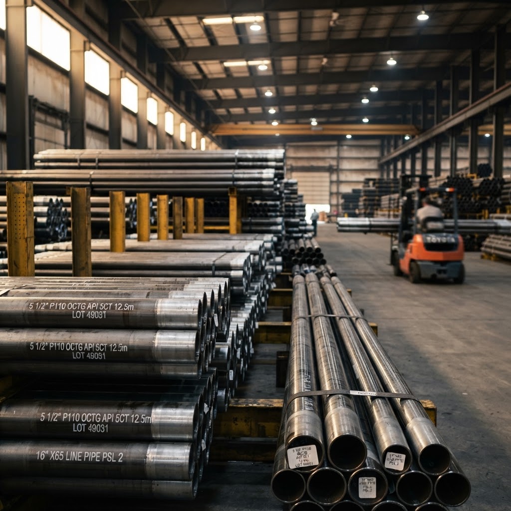 Steel line pipes and OCTG tubing inventory staged in a Bokano procurement warehouse