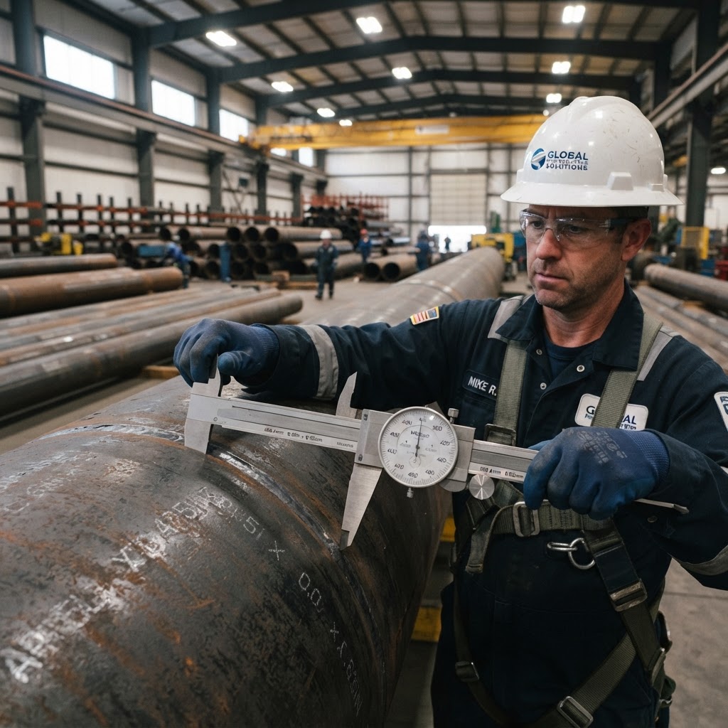 QC inspector measuring a steel pipe with a caliper — product quality assurance