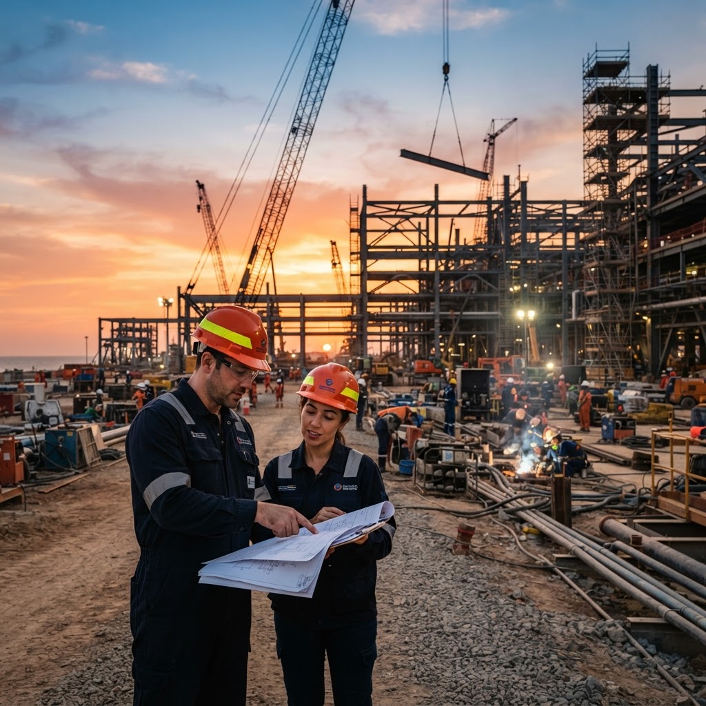 Onshore oil and gas civil engineering construction site with structural steelwork