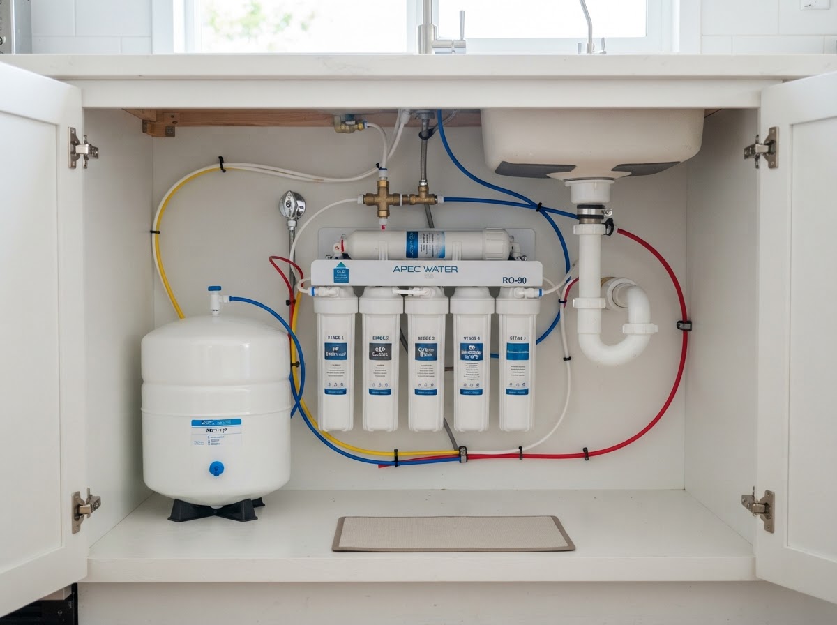 Under-sink reverse osmosis system installed under kitchen cabinet