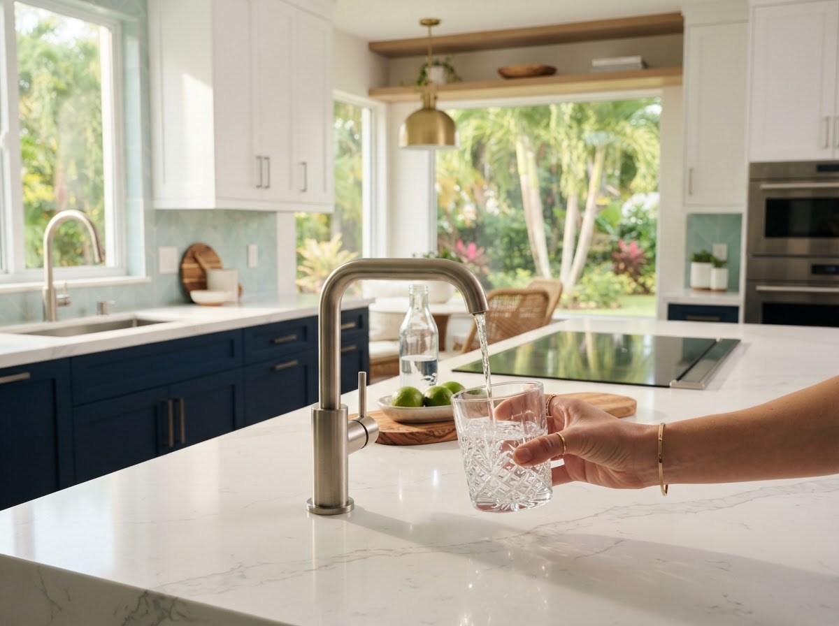 Clear filtered water poured from a dedicated drinking faucet in a South Florida kitchen