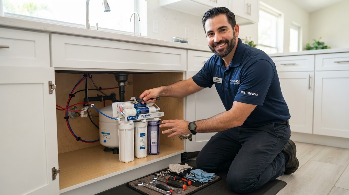 SpringTap technician installing under-sink reverse osmosis system