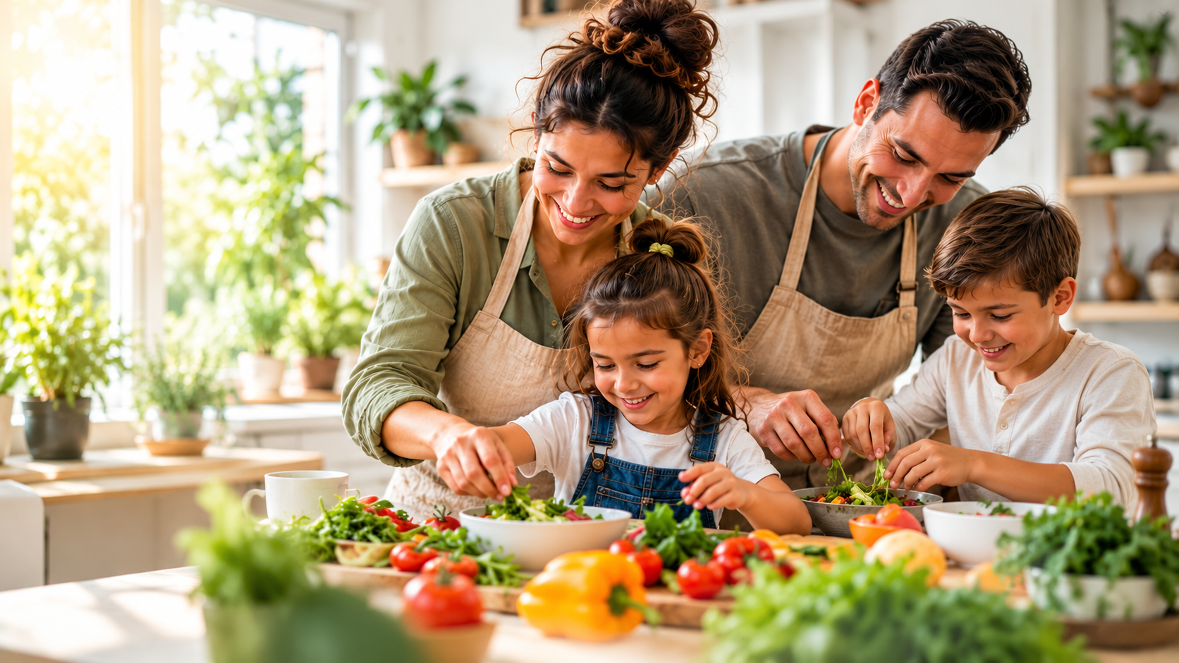 A smiling family preparing fresh food together in their kitchen — Feeding Your Family on a Budget