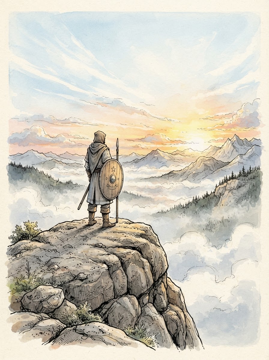A lone sentinel guard stands watch atop a granite dome summit at sunrise above a misty valley