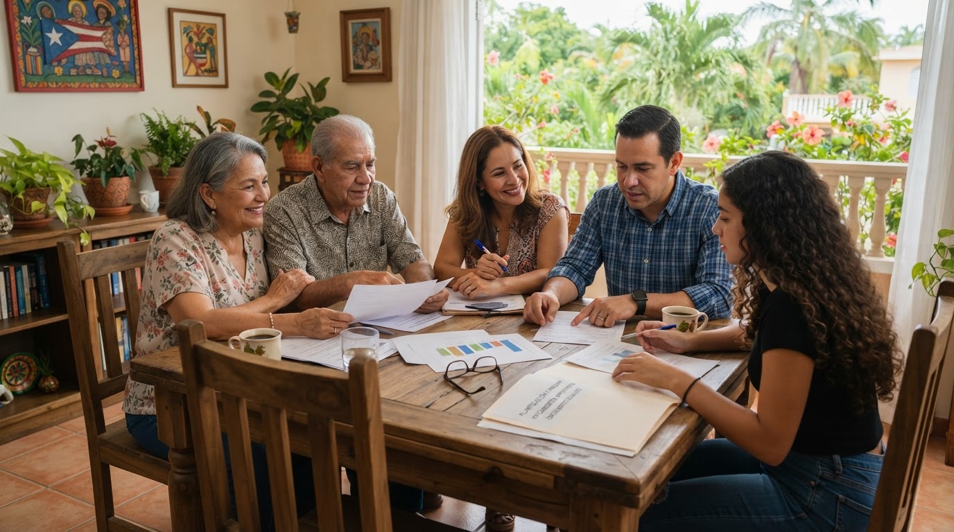 Familia revisando documentos de herencia en Puerto Rico