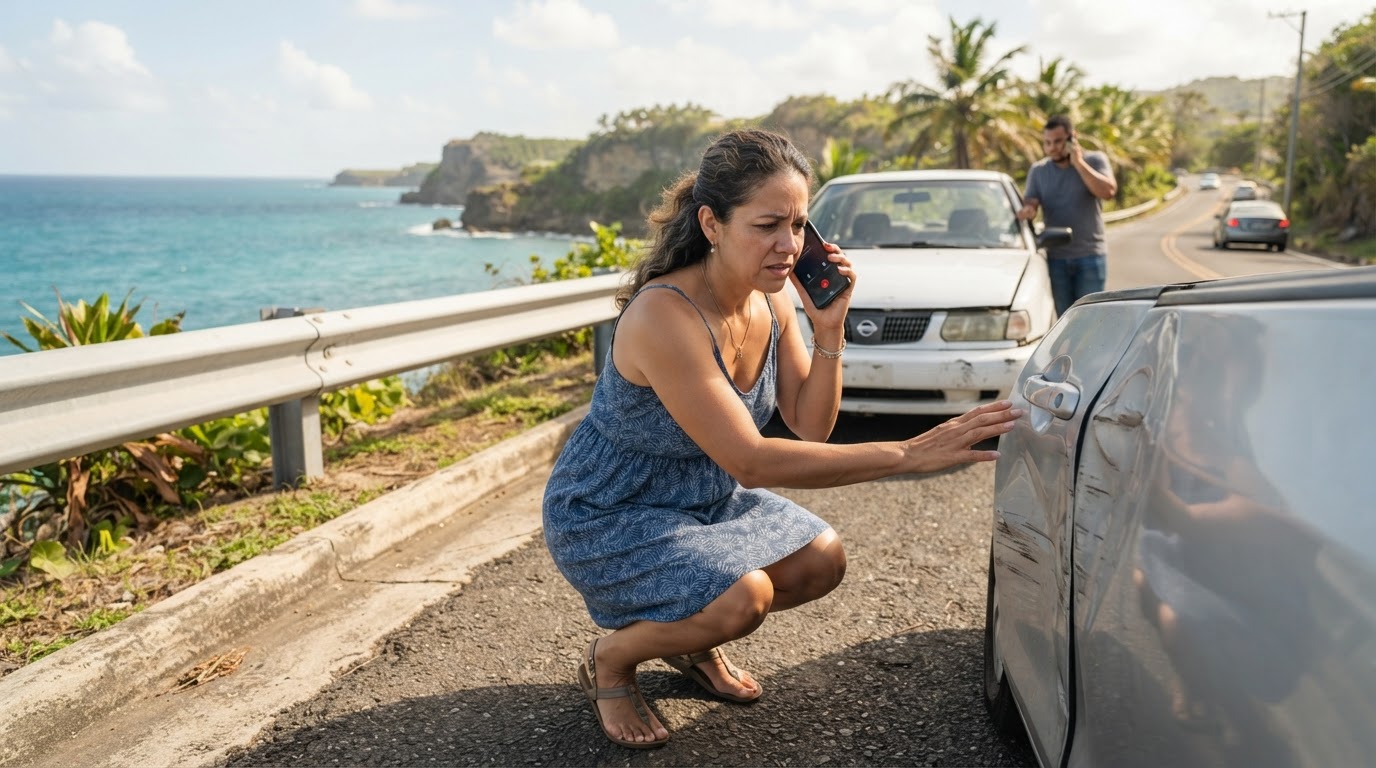 Conductor en Puerto Rico evaluando situación tras un accidente