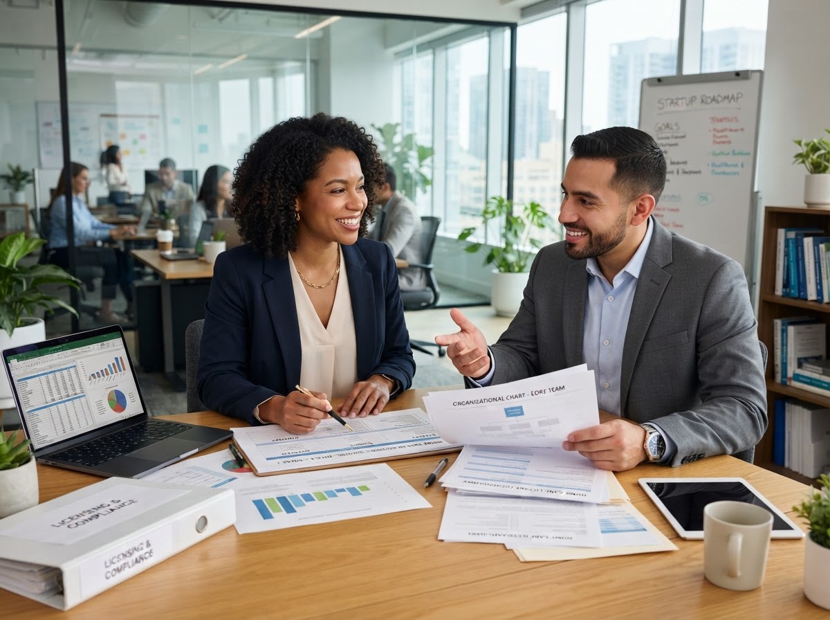 A Black female healthcare entrepreneur and a Latino male co-founder planning their home health startup, reviewing business plans and licensing documents in a bright modern office.