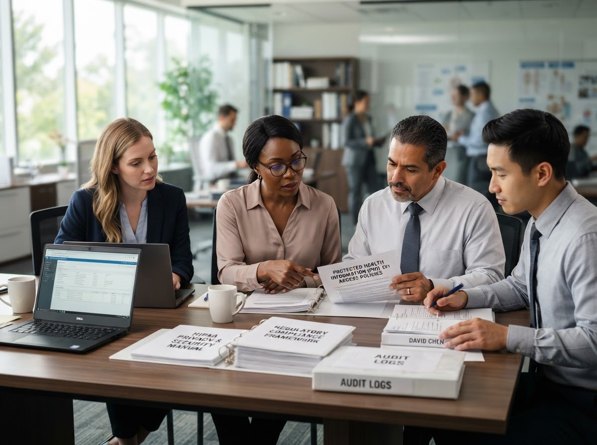 A diverse team of compliance professionals collaborating in a modern healthcare office with teal and copper tones.
