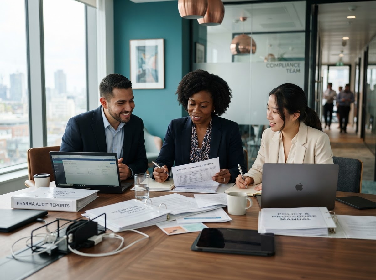 A diverse healthcare compliance and leadership team — a Black woman, a Hispanic man, and an Asian American woman — collaborating around a conference table reviewing regulatory documents in a modern office with teal and copper tones.