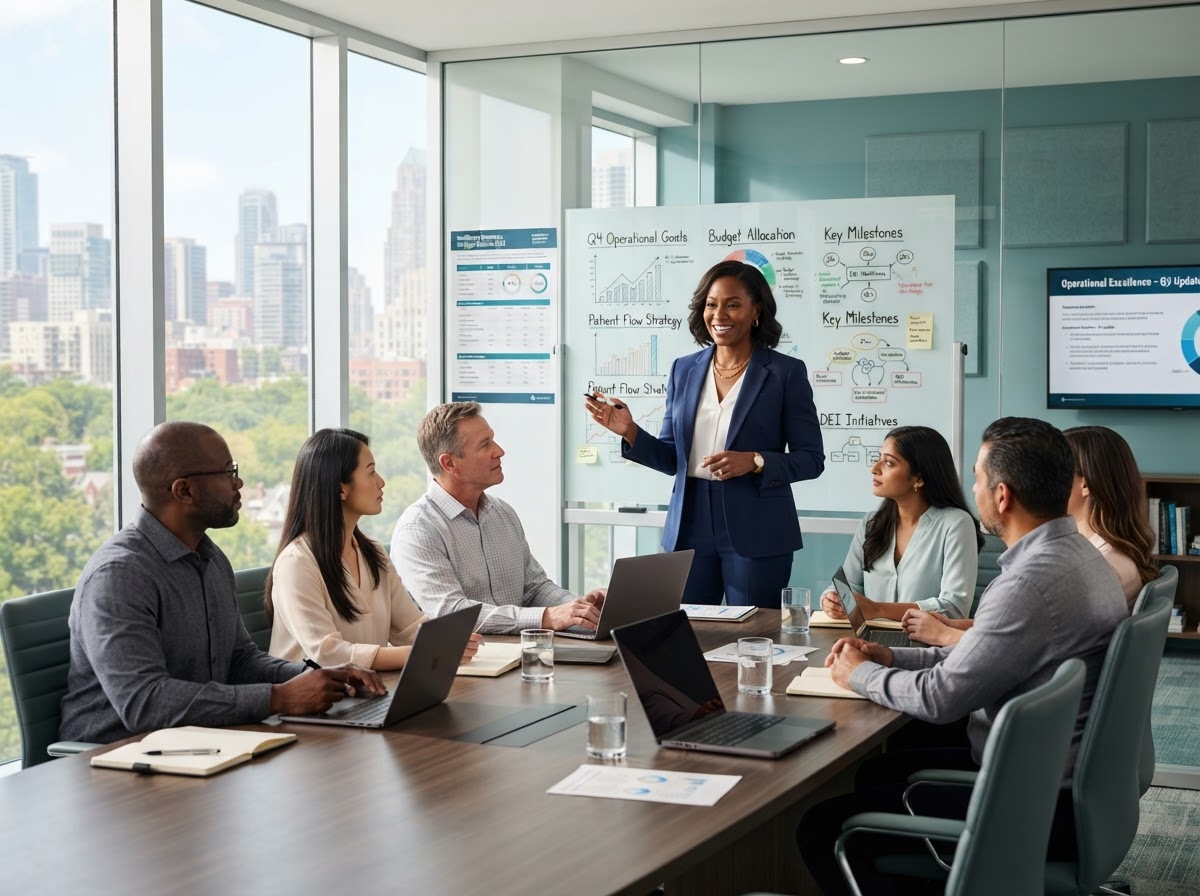 A Black female healthcare operations executive leading a strategic planning meeting with a diverse team in a bright modern conference room with teal accents.