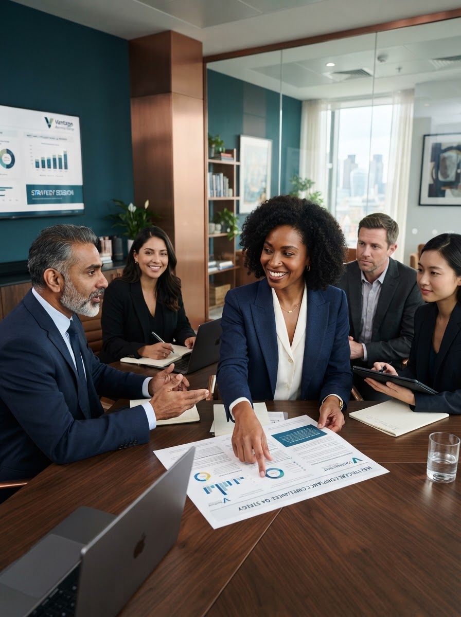A confident Black female healthcare executive in a navy suit collaborating with a diverse healthcare leadership team in a modern advisory office with deep teal and brushed copper accents.