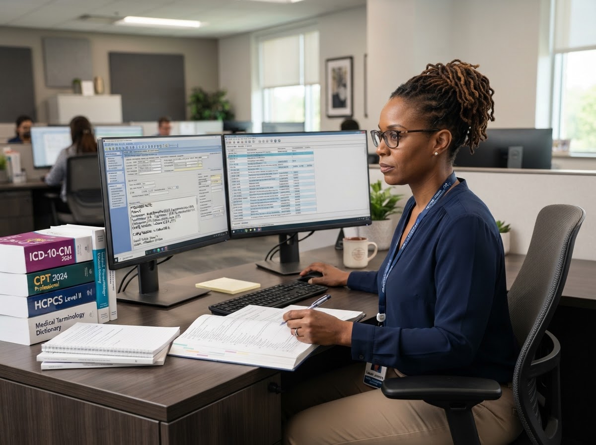 A diverse team of correct coding professionals collaborating in a modern healthcare office with teal and copper tones.