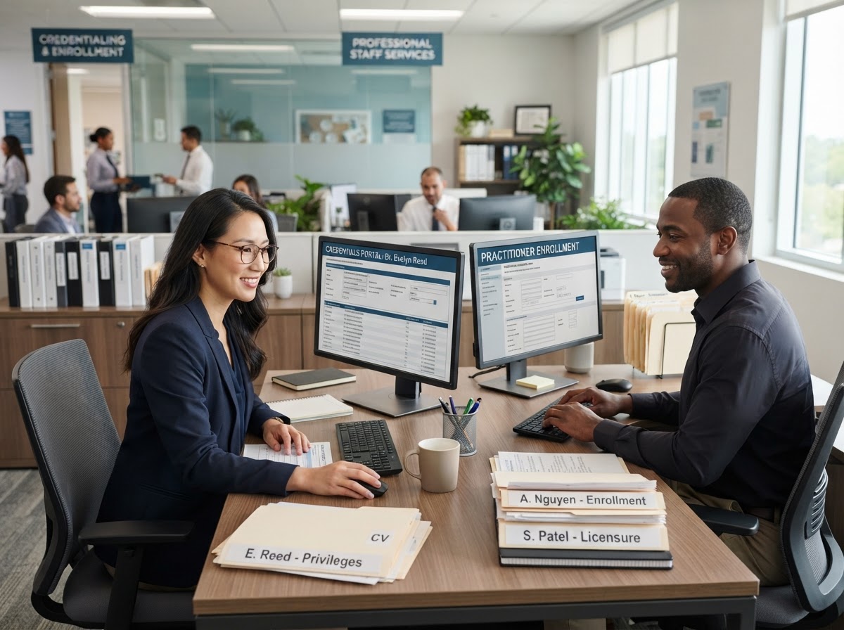 A diverse team of credentialing professionals collaborating in a modern healthcare office with teal and copper tones.
