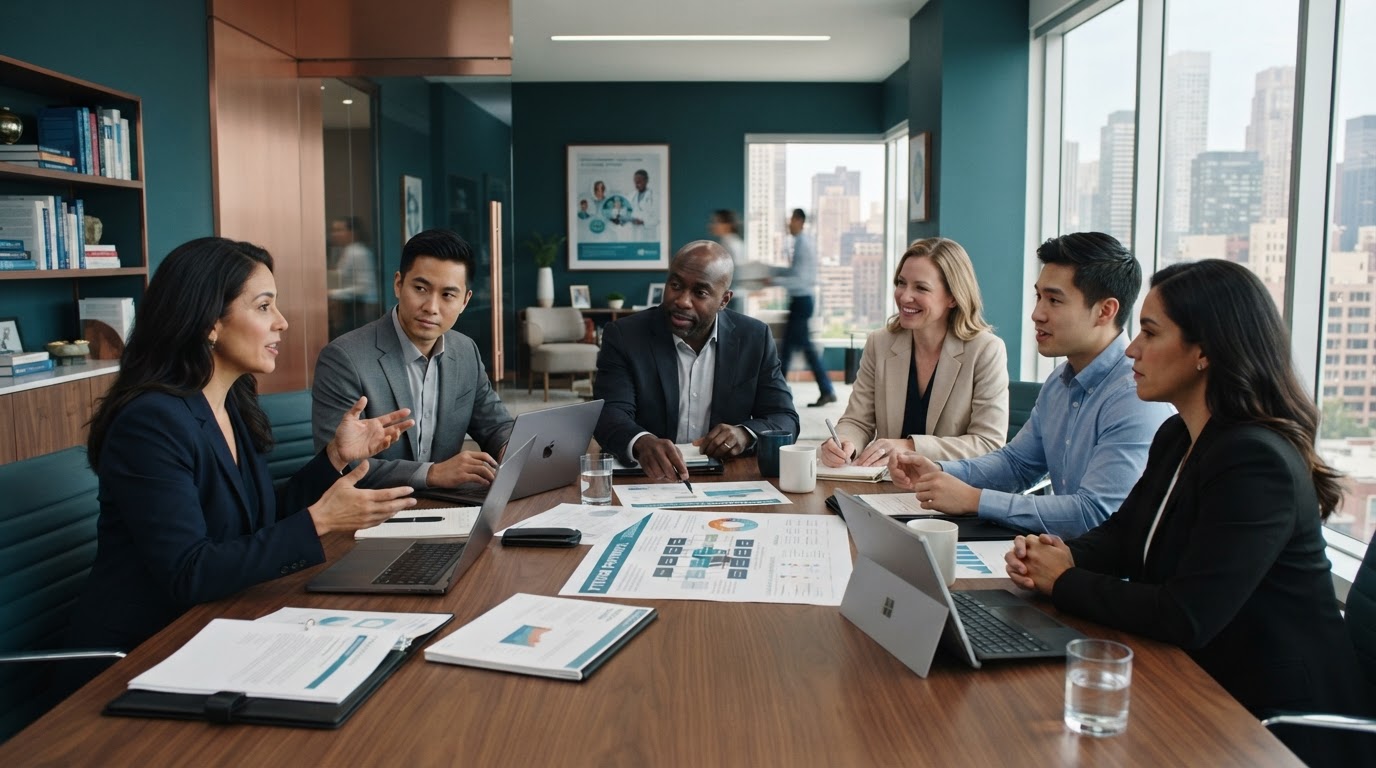 A diverse group of healthcare executives and consultants — Black, Hispanic, and Asian American leaders — collaborating on long-term business strategy in a premium advisory office with deep teal and copper tones.