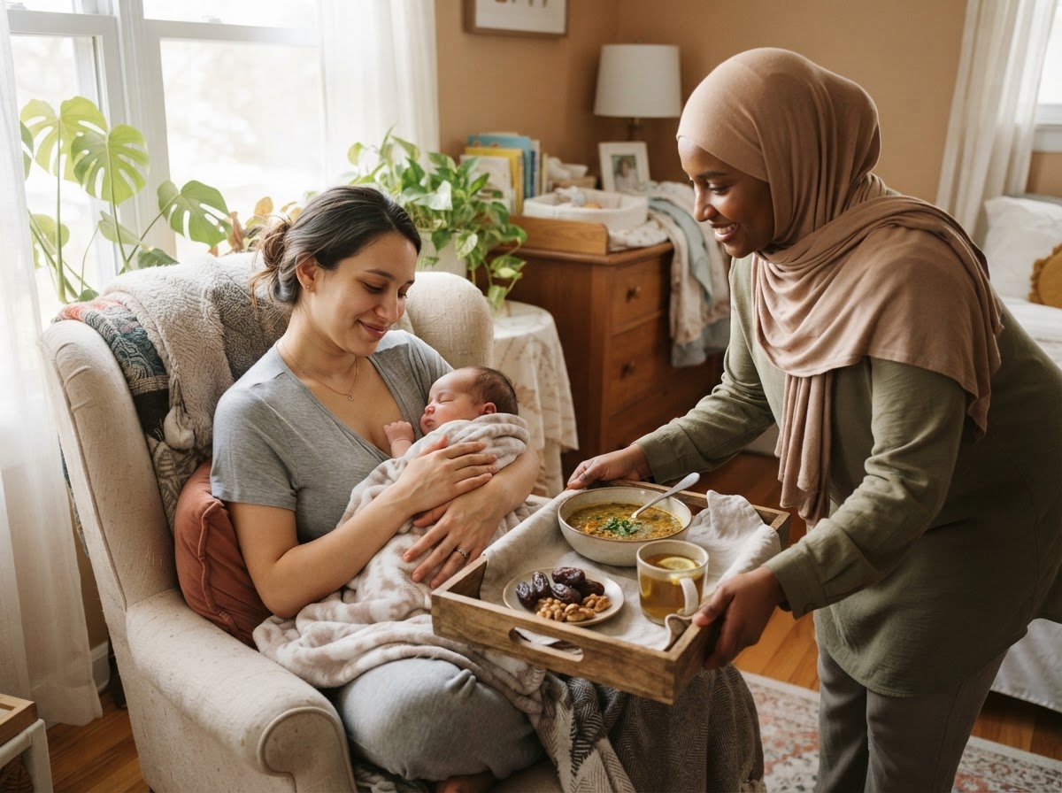 A Muslim postpartum doula wearing a soft hijab brings a tray of warm, restorative food to a mother resting at home with her newborn