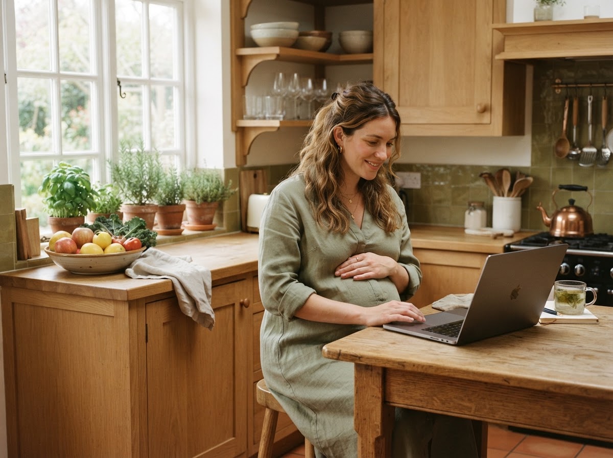 A pregnant woman sitting comfortably in her sunlit kitchen, looking at an open laptop on the table, fresh produce and potted herbs nearby.